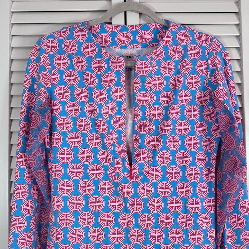 Ibkul Long Sleeve 1/4 Zip Crew Neck Dress Blue Pink Medallion Print Size Small - Picture 3 of 8
